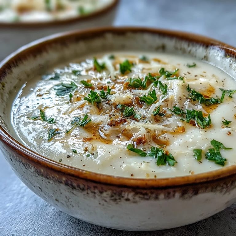 Ladle of rich White Bean and Parmesan Soup poured into a bowl, steam rising, highlighting the creamy texture and savory Parmesan garnish.