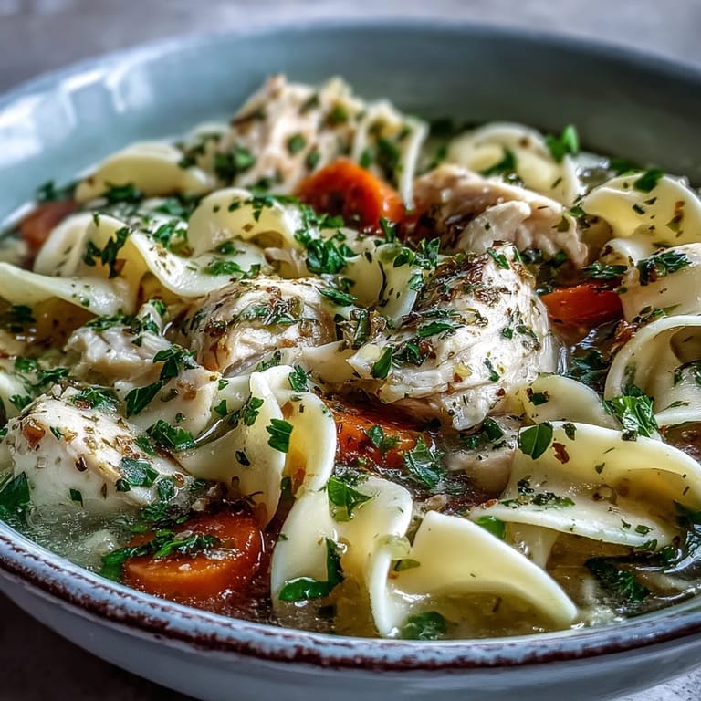 A close-up of Chicken Noodle Soup in a rustic pot, showing hearty vegetables and herbs simmering in a savory broth.