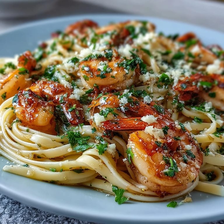 Perfectly cooked Shrimp Scampi with linguine twirled on a fork, showcasing tender shrimp and bright herbs.