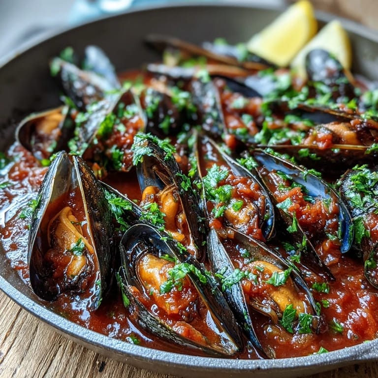 A skillet of Smoky Mussels Pomodoro with vibrant red sauce and open shells, paired with wine and bread.