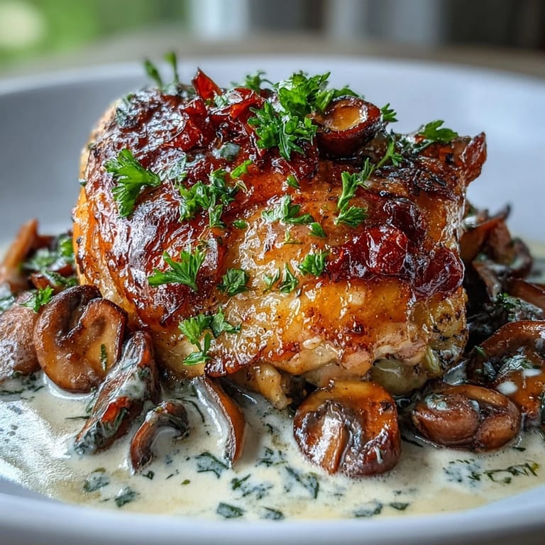 Tender Coq au Vin Rosé braised in rosé wine with aromatics, garnished with parsley and paired with crusty bread.