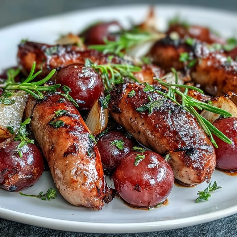 Platter of sliced roasted sausage and grapes over creamy polenta with a rustic spoon.