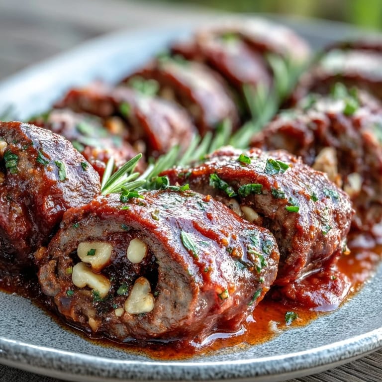 Sliced Sicilian-Style Braciole plated over pasta, showcasing tender beef, toasted pine nuts, and fresh herbs drizzled with red sauce.