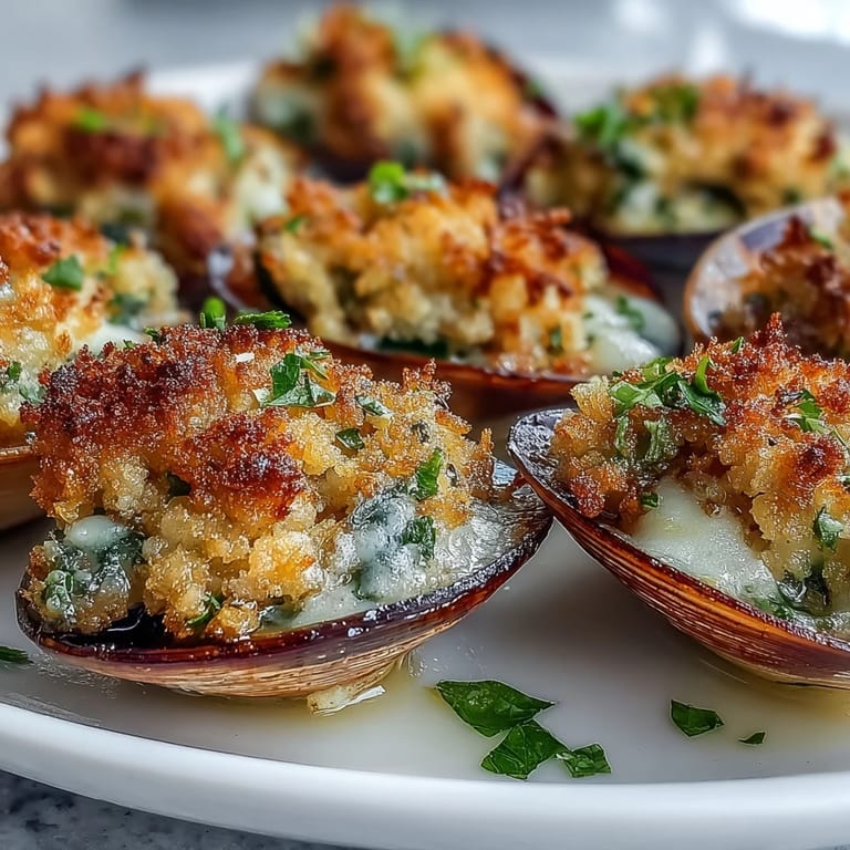Freshly baked roasted clams with lemony panko and parsley garnish, ready to serve with white wine.