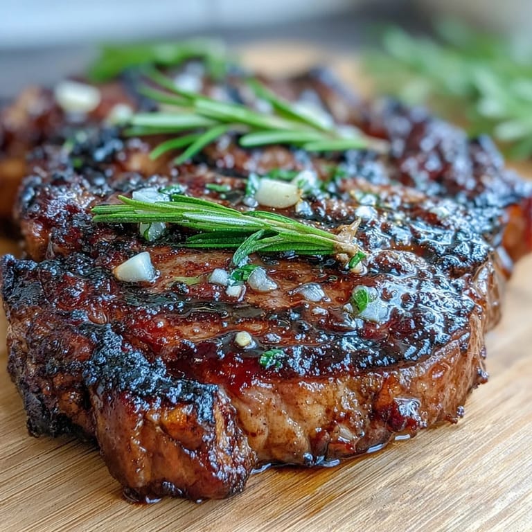 A juicy, medium-rare bone-in rib eye steak served alongside asparagus and potatoes.