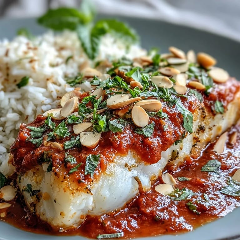 Healthy gluten-free tomato-roasted cod plated with vibrant sauce, spiced nuts, and fresh herbs for a pescatarian meal.