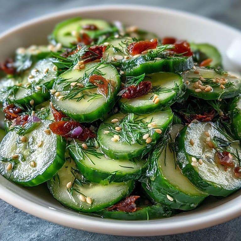 Overhead view of Refreshing Crunchy Cucumber Salad with fresh herbs and optional jicama for extra crunch.