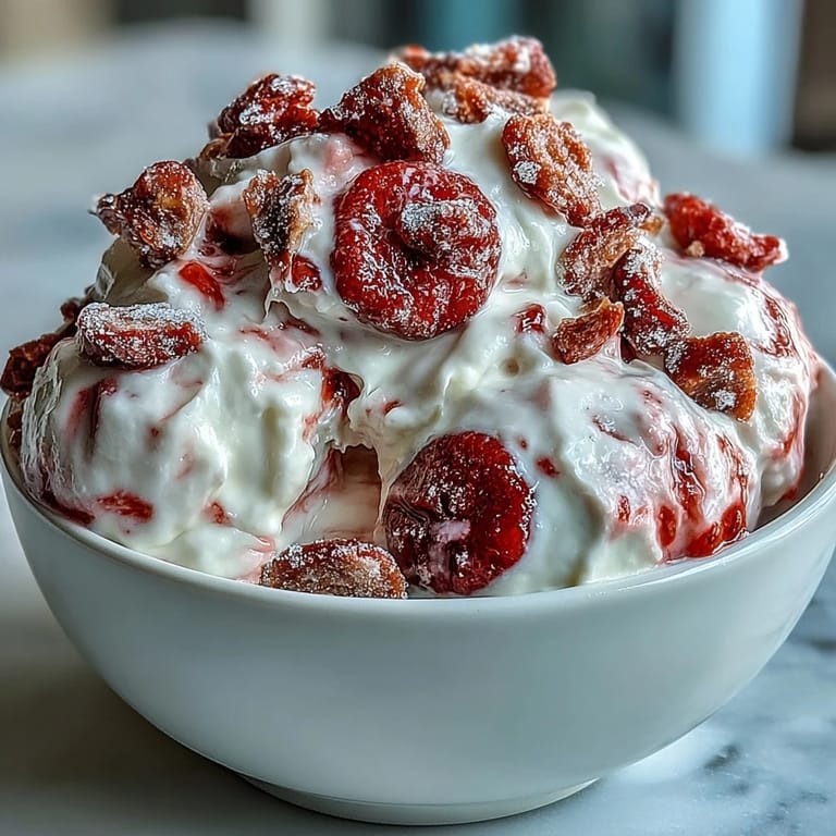 A close-up view of Strawberry & Banana Yoghurt Clusters, highlighting the marbled strawberry swirl and crunchy banana chips with a refreshing frost.