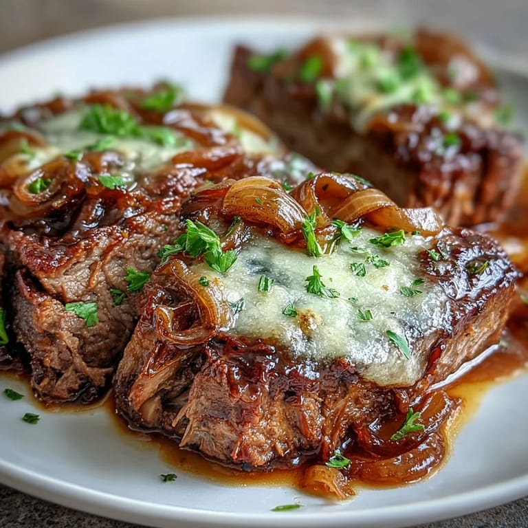 Fork-tender beef slices draped in rich, wine-infused au jus and caramelized onions from the Savory Crock Pot French Onion Pot Roast.