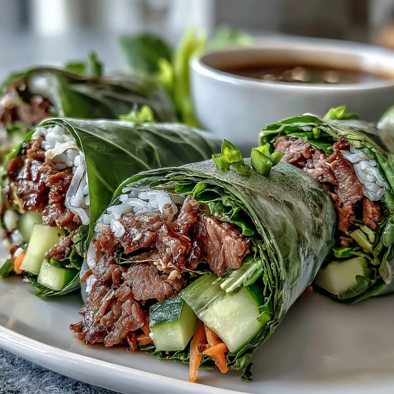 Tender Thai Basil Beef Rolls with rice paper wrappers, carrots, lettuce, and fresh mint, plated on a wooden board for serving.