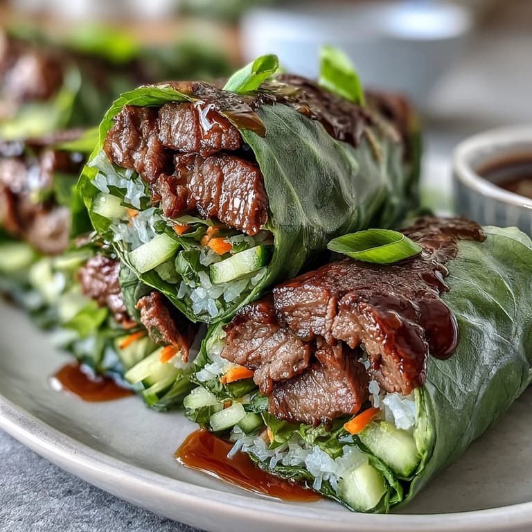 Soft Thai Basil Beef Rolls garnished with fresh cilantro and Thai basil, ready to dip in a tangy, spicy sauce.