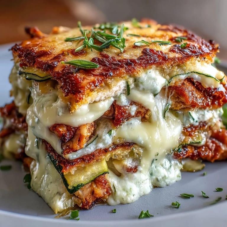 Creamy High Protein Chicken Zucchini Bake with layers of zucchini, seared chicken, and a golden Parmesan crust on top.