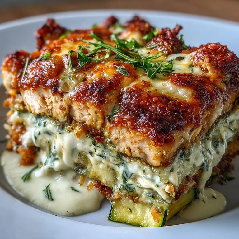 Sliced piece of High Protein Chicken Zucchini Bake showing juicy chicken and zucchini in a creamy, cheesy egg mixture.