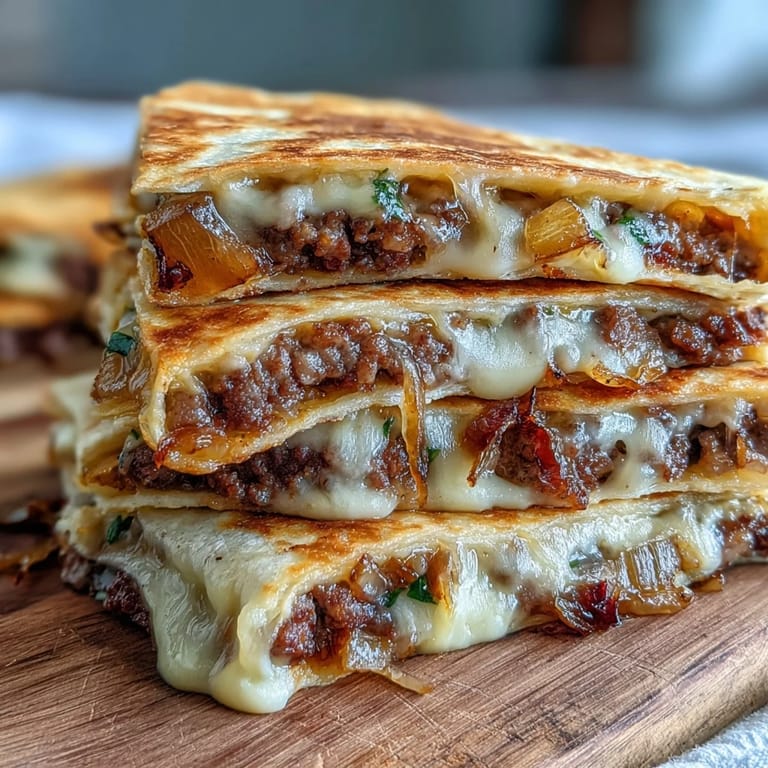 Cheesy Griddled Smashburger Quesadillas sliced into wedges, revealing layers of juicy smashburgers and caramelized sweet onions.