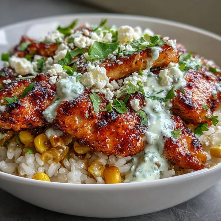 Street Corn Chicken and Rice Bowls topped with zesty crema, crumbled cotija cheese, fresh cilantro, and lime wedges for serving.