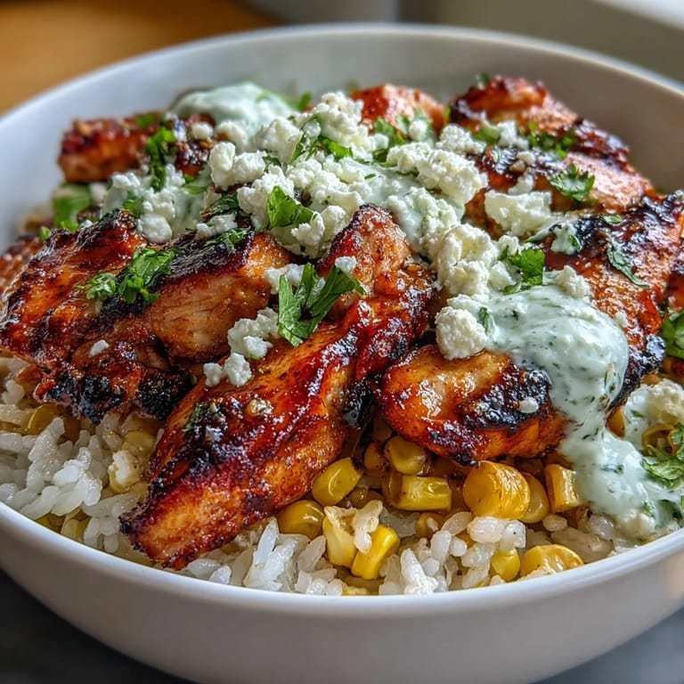 Dinner-ready Street Corn Chicken and Rice Bowls packed with tender grilled chicken, charred corn, and rich cotija cheese.