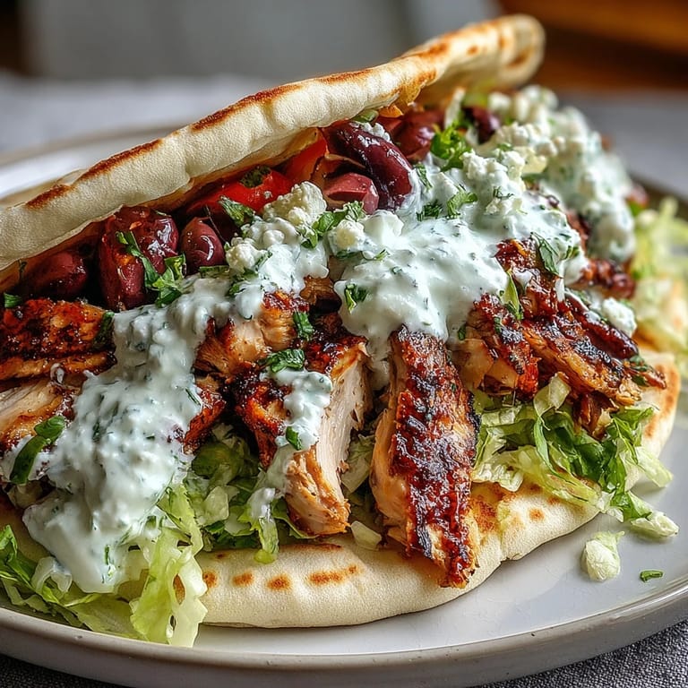 Sizzling Mediterranean Chicken Gyros with Creamy Feta Tzatziki served in warm pita bread topped with red onion and olives.