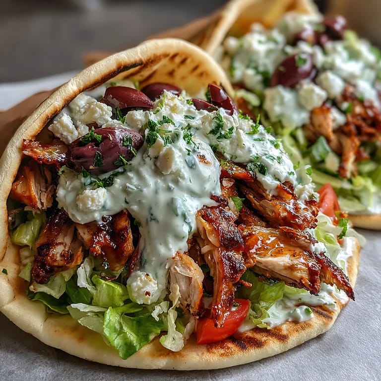 Freshly assembled Mediterranean Chicken Gyros with Creamy Feta Tzatziki, featuring juicy chicken strips and a drizzle of tangy sauce.
