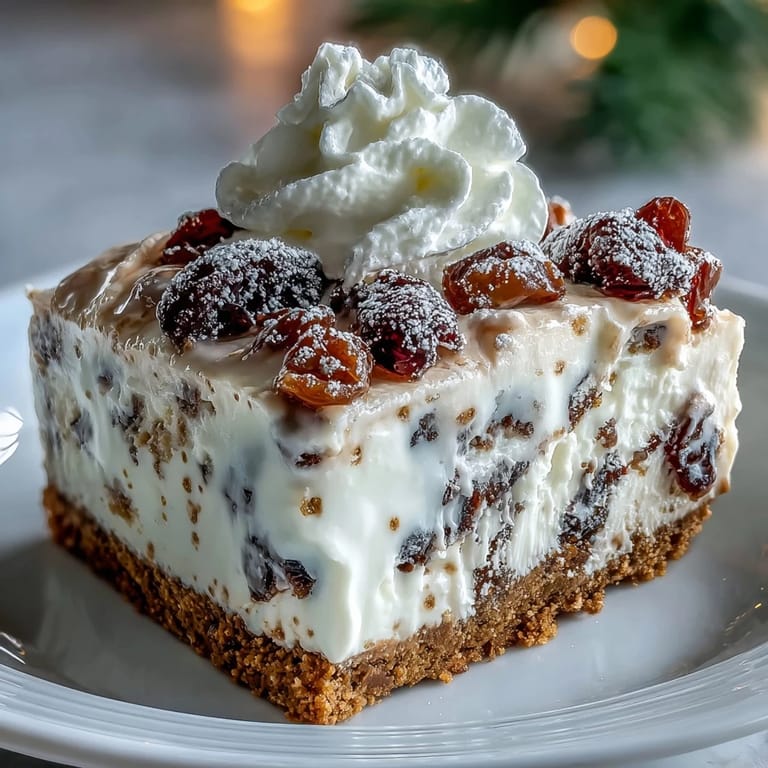 Lush Christmas Cheesecake Slab with spiced cream cheese filling, crowned with soft whipped cream and festive cranberries.