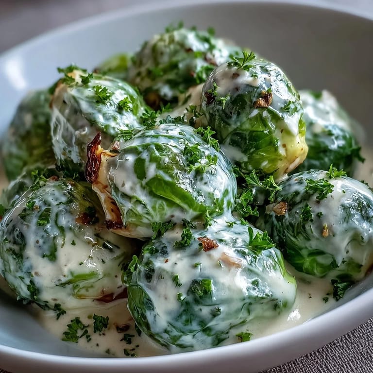 Tender Brussels sprouts coated in a rich cream cheese and mustard sauce, served hot.