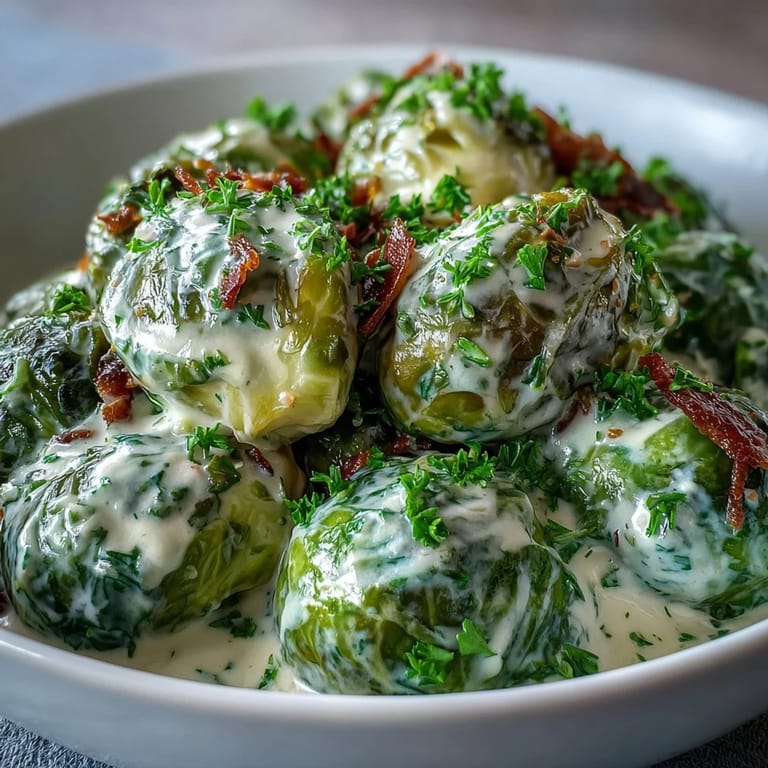 Savory Brussels sprouts in a creamy sauce, perfect for a comforting vegetarian dinner.