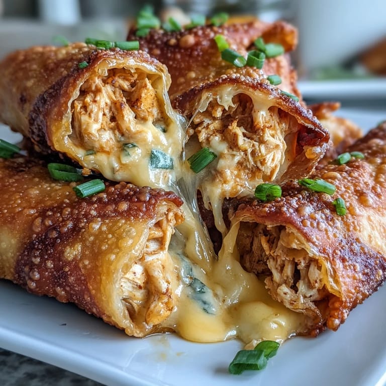 This close-up shows golden Buffalo Chicken Dip Egg Rolls with melted cheddar cheese peeking out, paired with carrot sticks and a tangy blue cheese dip.