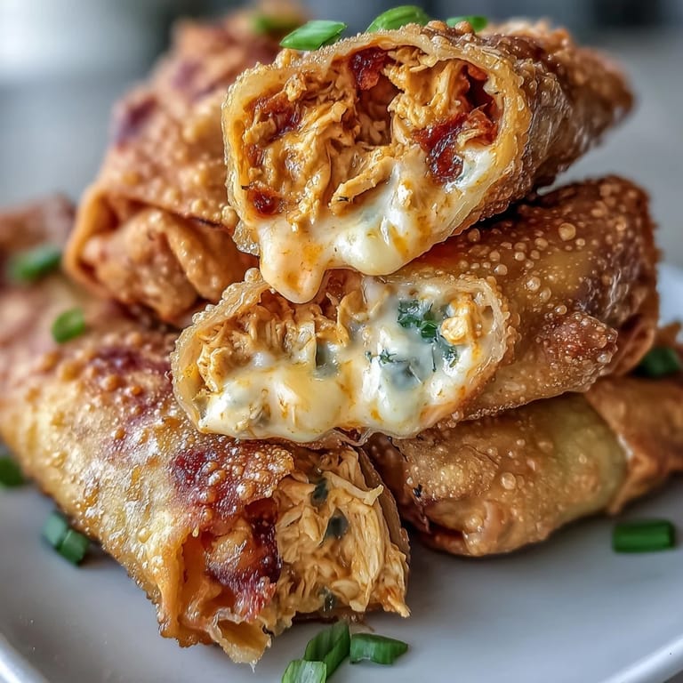 Crunchy Buffalo Chicken Dip Egg Rolls arranged on a platter with ranch drizzle, perfect for game day appetizers or a weeknight savory treat.