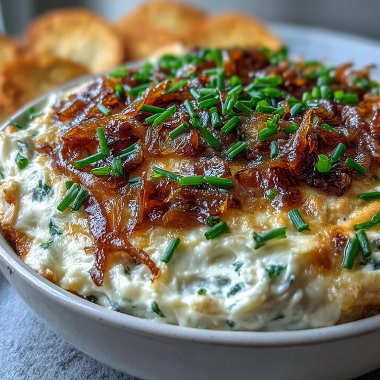 Golden brown Smoked Gouda & Onion Dip fresh from the oven features a bubbly cheese surface and aromatic caramelized onions inside.