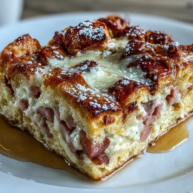 Layers of cinnamon-soaked bread, ham, turkey, and melty Swiss cheese in a baked Monte Cristo Breakfast Casserole slice.