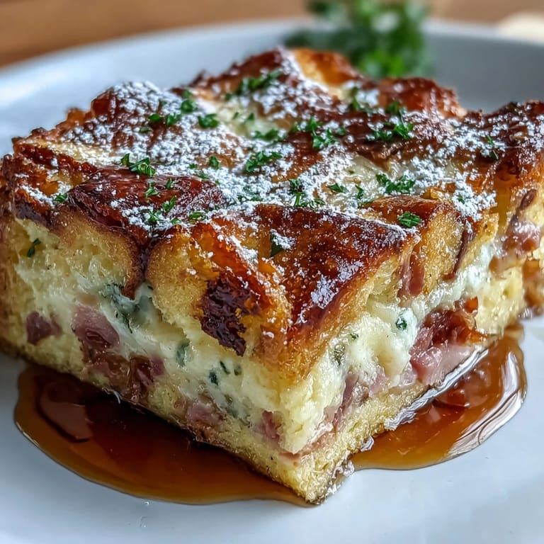 Sliced Monte Cristo Breakfast Casserole served warm on a plate, drizzled with maple syrup and ready for a holiday brunch.