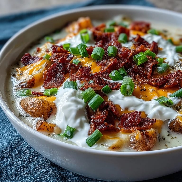 Creamy loaded potato soup served hot in a rustic bowl, garnished with sour cream and shredded cheddar cheese.