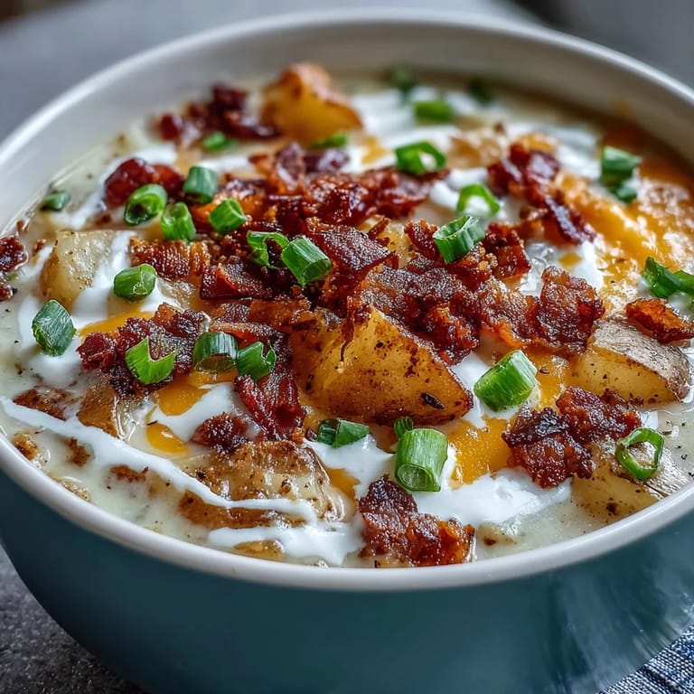 Hearty loaded potato soup featuring tender potatoes, bacon bits, and green onions, ready to enjoy with crusty bread.