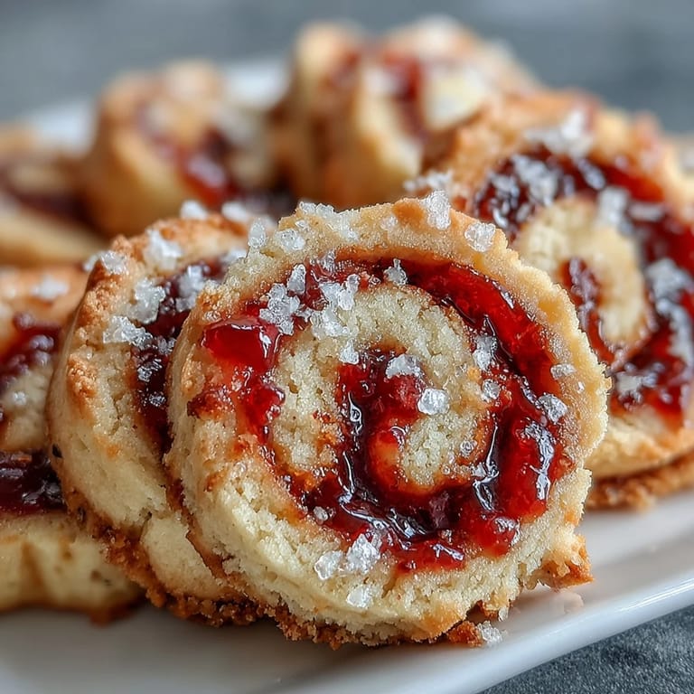 Close-up of Raspberry Swirl Shortbread Cookies reveals crisp edges and a soft, jammy center.