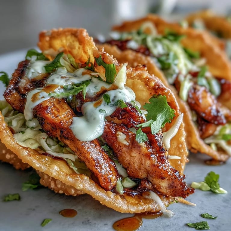 Homemade Crispy Chicken Wonton Tacos garnished with shredded carrots and red cabbage, highlighting the golden taco shell texture.