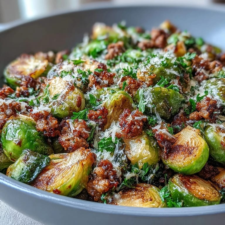 A rustic skillet holds bright green Brussels sprouts and browned ground turkey, finished with a squeeze of lemon juice and a sprinkle of Parmesan.
