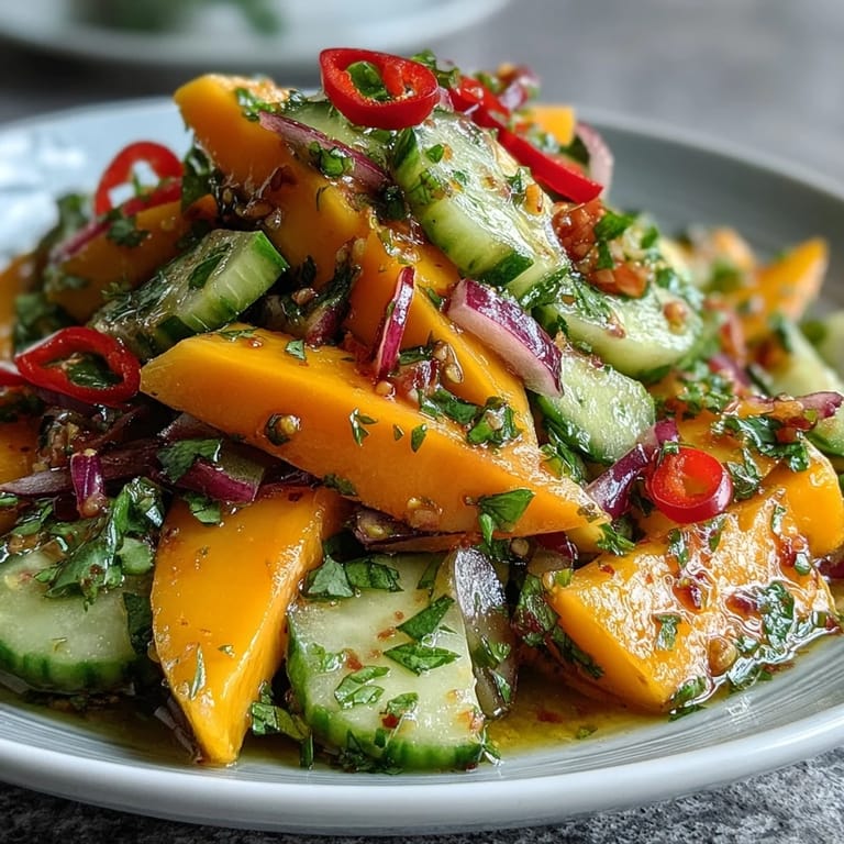 Sliced mango, red bell pepper, and cucumber mingle with red onion and fresh cilantro leaves in a tangy lime dressing on a white plate.