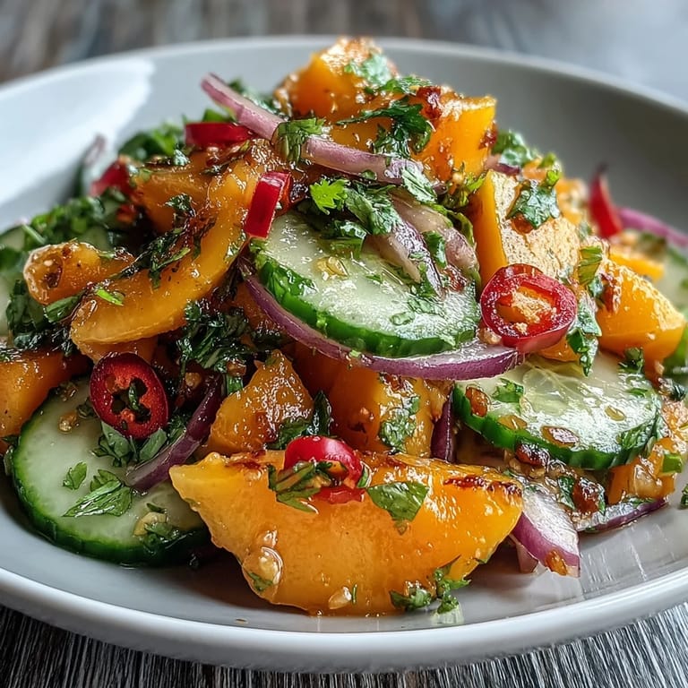 A close-up of juicy mango strips and crisp veggies glistening with lime-honey dressing, flecked with cilantro and red chili slices for a gentle kick.