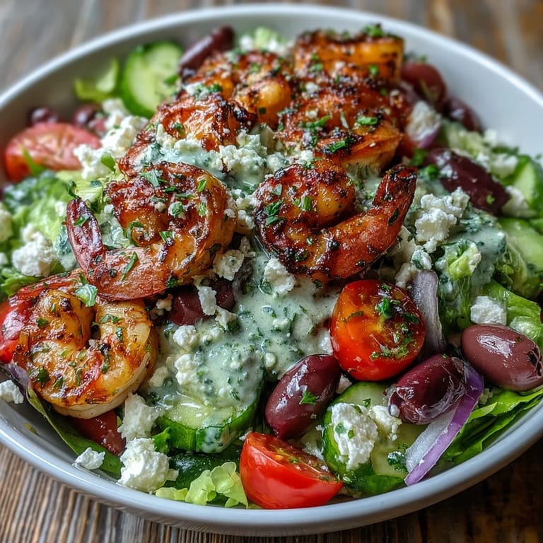 A vibrant Greek Shrimp Bowl featuring juicy grilled shrimp, crisp cucumber, and a zesty lemon-olive oil dressing.