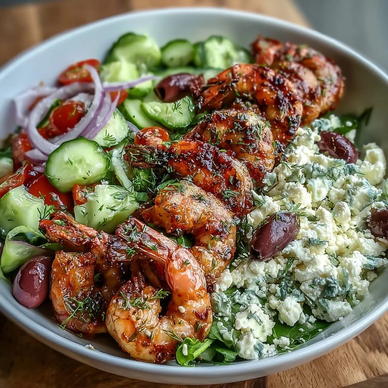 Served over mixed greens, this Greek Shrimp Bowl is finished with briny olives and creamy feta cheese.
