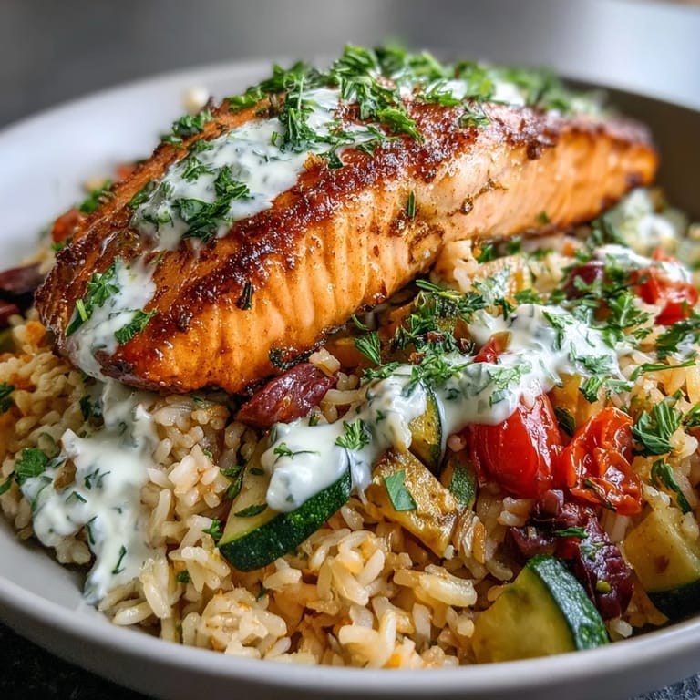 Flaky pan-seared salmon served on golden crispy rice with fresh dill garnish.