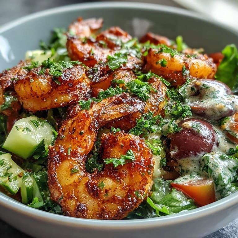 A colorful Mediterranean Shrimp Bowl with juicy shrimp, tomatoes, cucumbers, and tangy olives finished with bright lemon wedges.