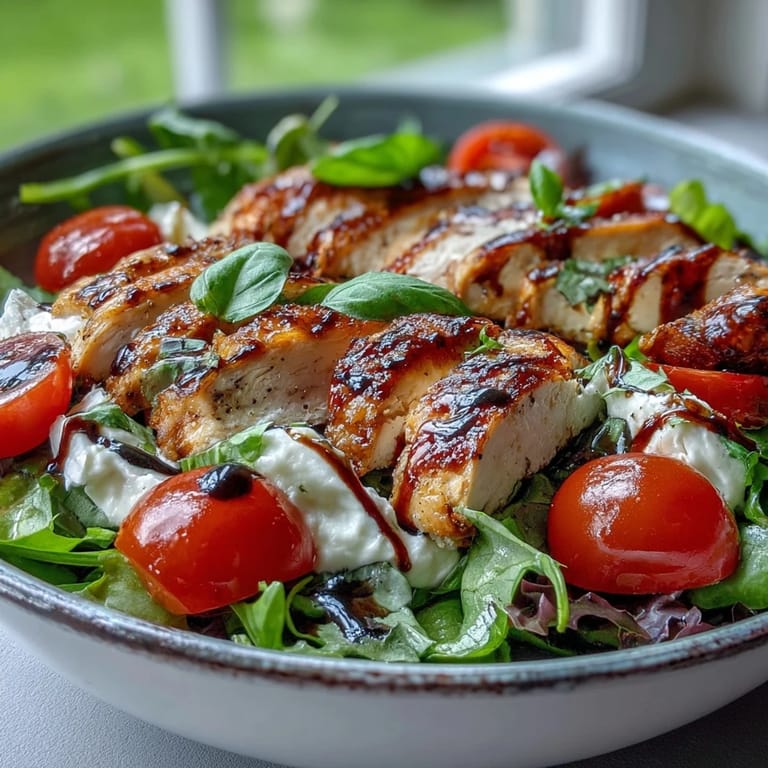 Sliced Caprese Chicken Bowl topped with balsamic reduction over a bed of greens.