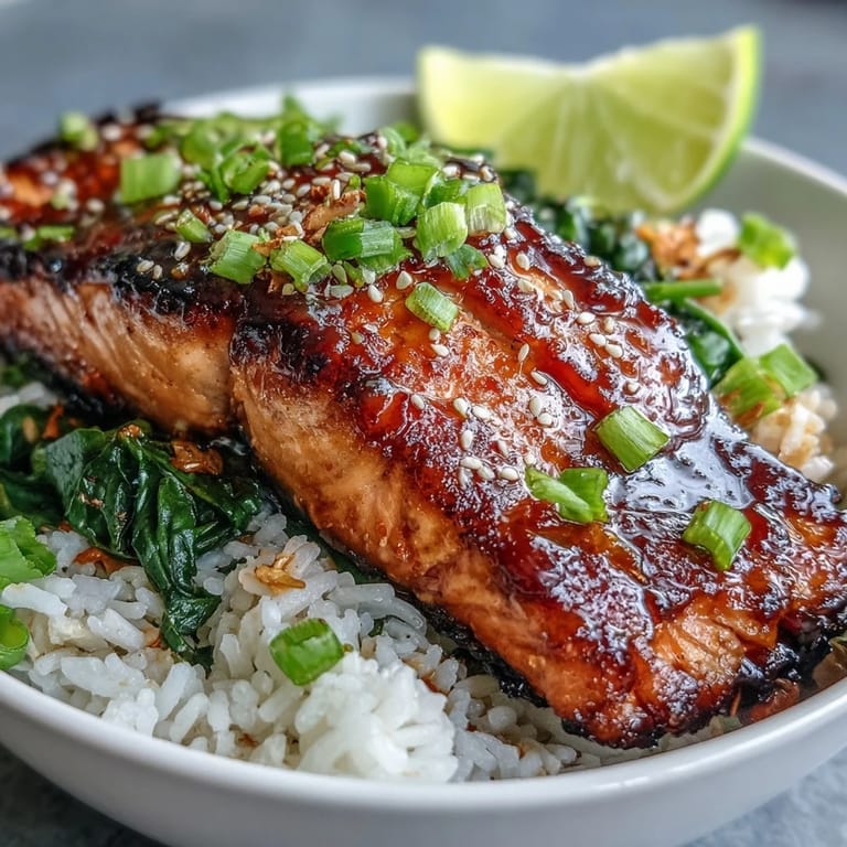 Sizzling Miso Glazed Salmon fillets fresh from the broiler with caramelized edges on a bed of fluffy rice.