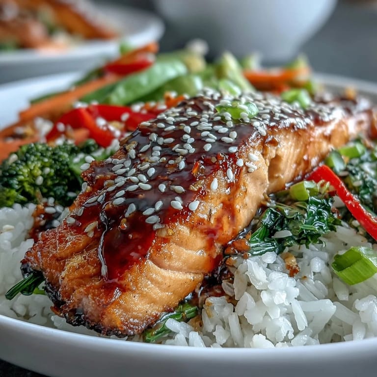 A savory-sweet teriyaki salmon bowl filled with vibrant bell peppers, carrots, and broccoli over steaming jasmine rice.