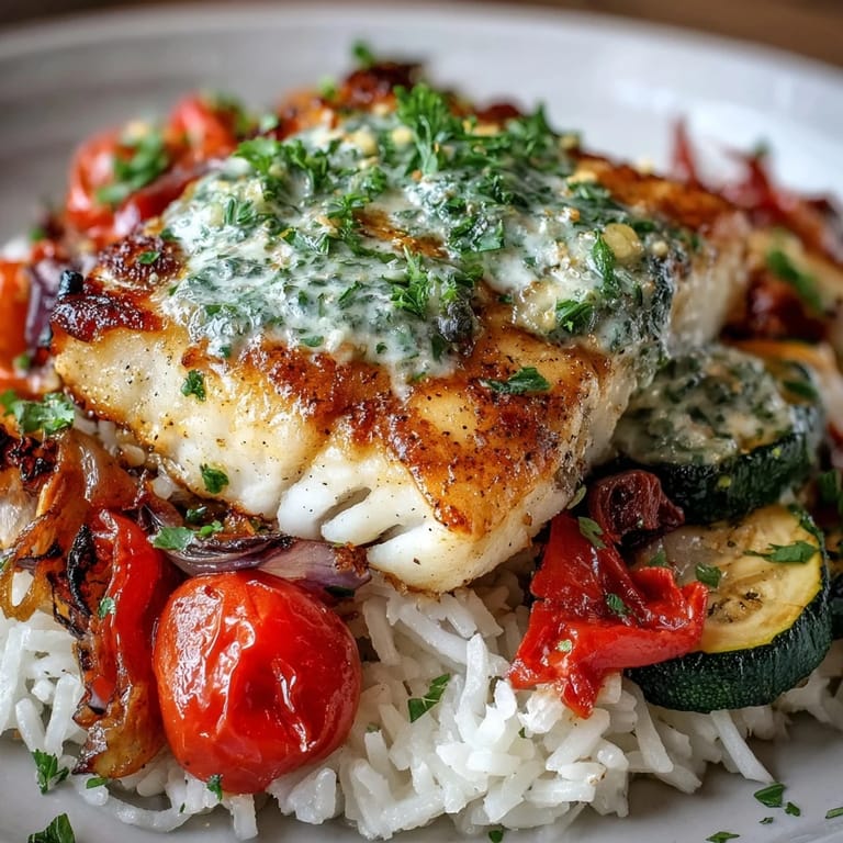 Healthy Pan-Seared Fish Bowl featuring tender fish, aromatic jasmine rice, and roasted cherry tomatoes, finished with a fresh parsley garnish.