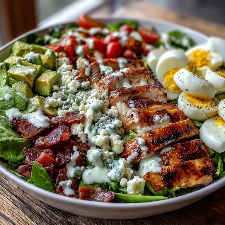 Serving suggestion for a hearty Cobb Salad Bowl with colorful rows of chicken, bacon, and avocado over fresh greens.