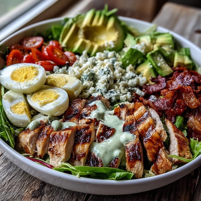 Classic Cobb Salad Bowl featuring chopped hard-boiled eggs, juicy tomatoes, and a cool drizzle of ranch dressing.