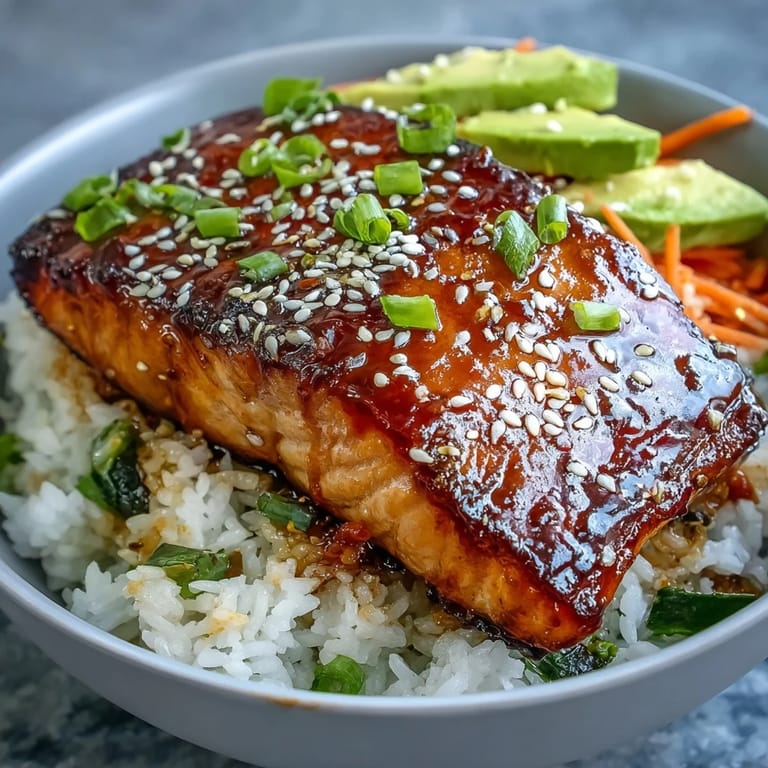 Tender glazed salmon with sesame seeds rests on rice and bright veggies in a serving bowl.