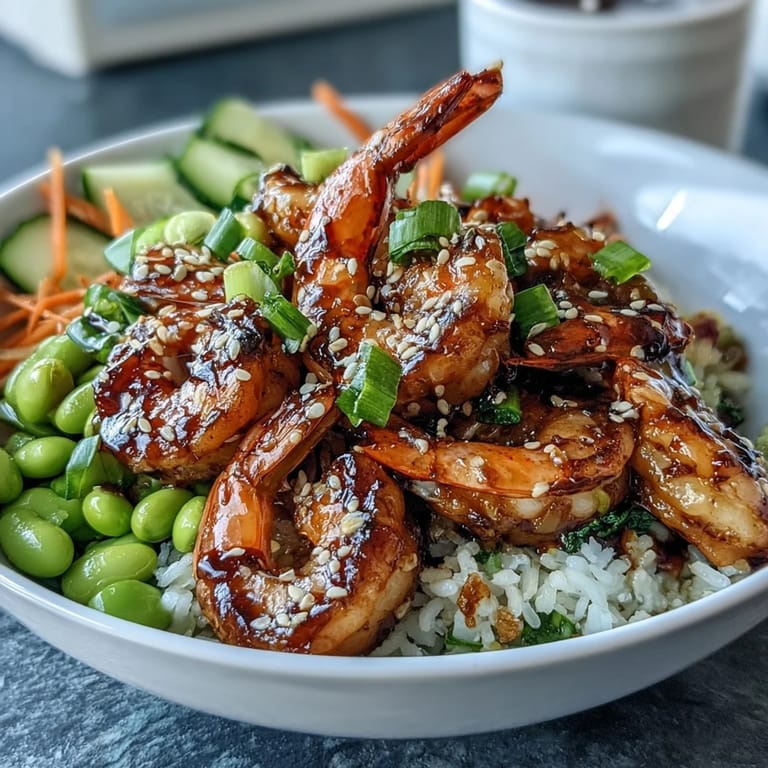 The finished Asian Shrimp Bowl is garnished with sesame seeds, ready to serve as a colorful main dish.