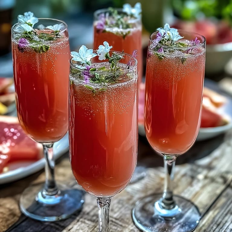 Refreshing Elderflower Guava Mimosa in a flute, made with guava nectar and elderflower liqueur for a sweet floral flavor.